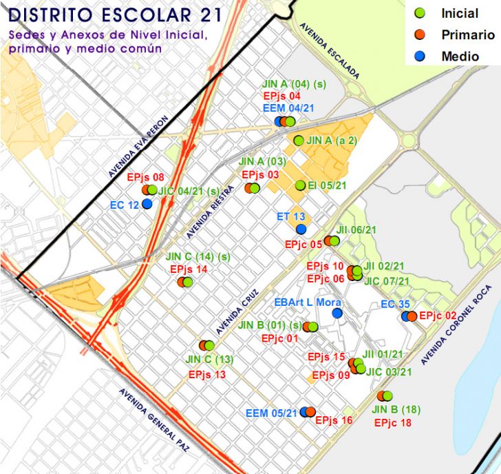 Distrito Escolar 21, Sedes y Anexos de nivel inicial, primario y medio común