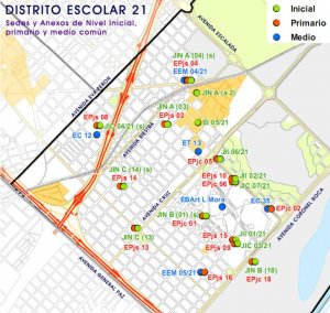 Distrito Escolar 21, Sedes y Anexos de nivel inicial, primario y medio común